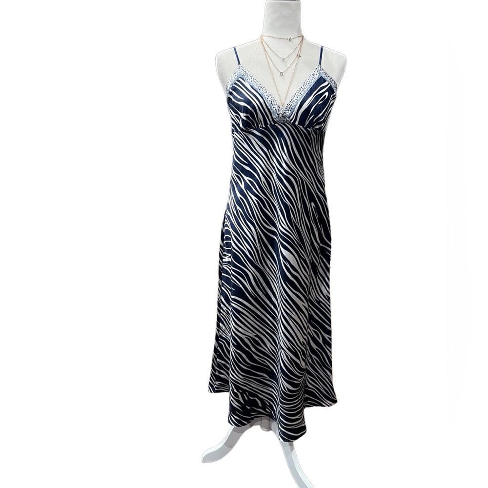 Jones New York satin slip dress blue white zebra size medium